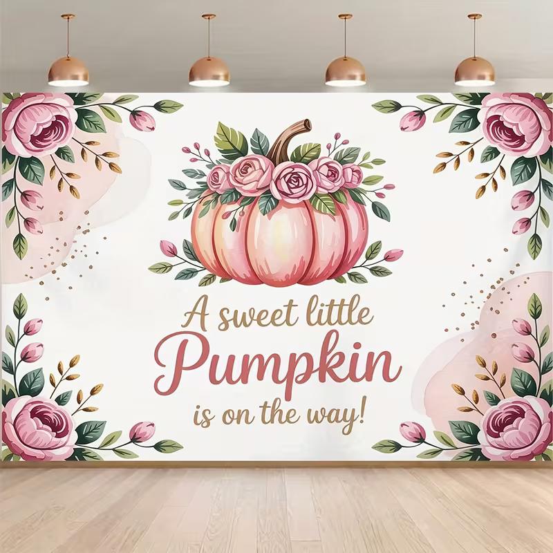 2D Floral Pumpkin Baby Shower Backdrop, Watercolor Pink Rose Pumpkin Party