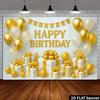 Flat high-end gold-white birthday background banner including glittering gold birthday text + gold-white balloons.PMJ