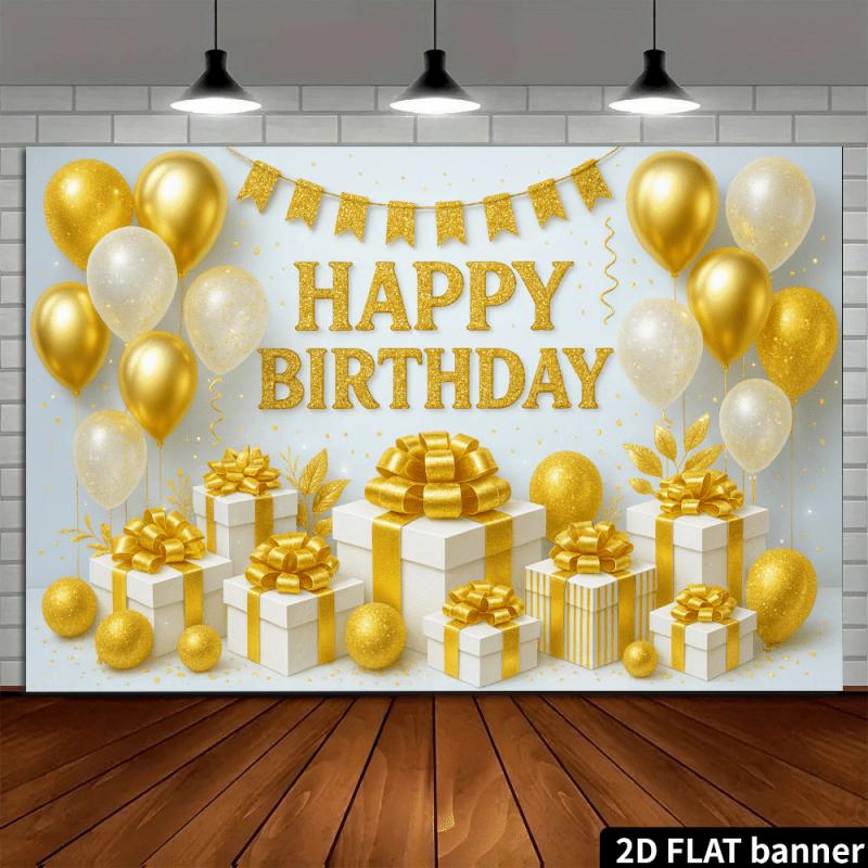 Flat high-end gold-white birthday background banner including glittering gold birthday text + gold-white balloons.PMJ