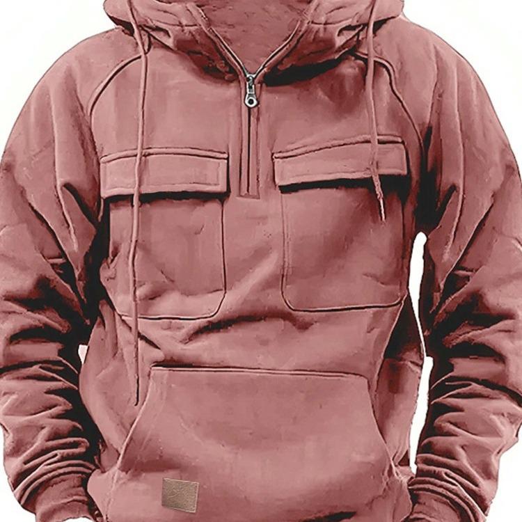 Men's Multi-Pocket Hooded Leather Patch Sweatshirt Jacket for Spring and Autumn - European & American Youth Style