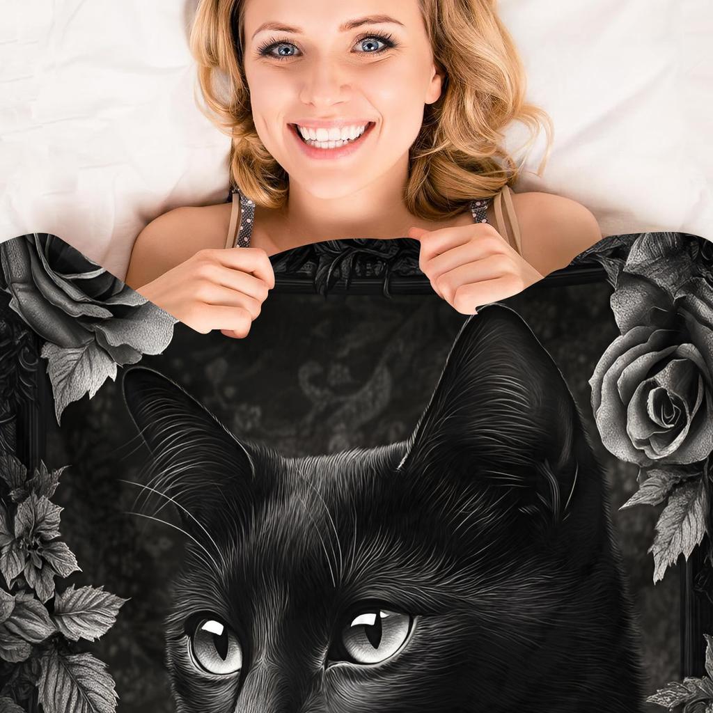 Black Cat Animal Pattern Print Art Blanket - Soft All-Season Multi-Purpose Throw for Sofa, Bed, Travel, Decor & Gift