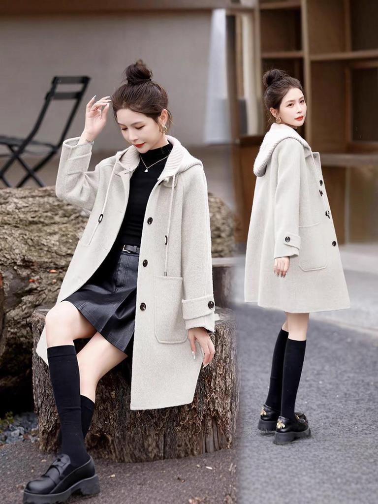 Women's Hooded Double-Faced Cashmere Coat - Slim College Style, Mid-Length, Versatile Wool for Autumn/Winter.