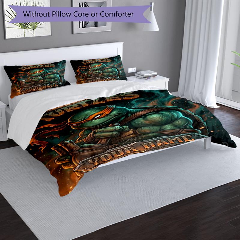 3pcs Custom Name Ninja Turtles Printed Bedding Set Duvet Cover Closure Includes 1 Duvet Cover & 2 Pillowcases, Soft and Comfortable for All Seasons.