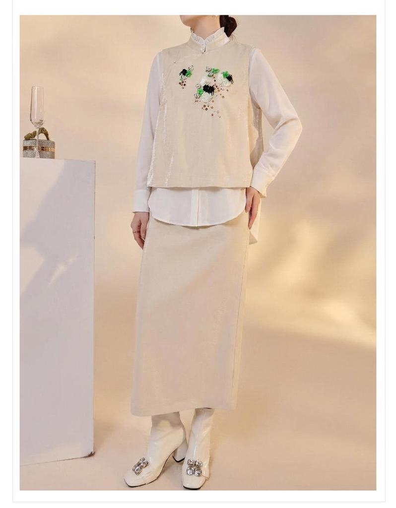 White Beaded Embroidery Vest with Stand-up Collar Shirt and Skirt - New Chinese Style Suit for Women, NZ019