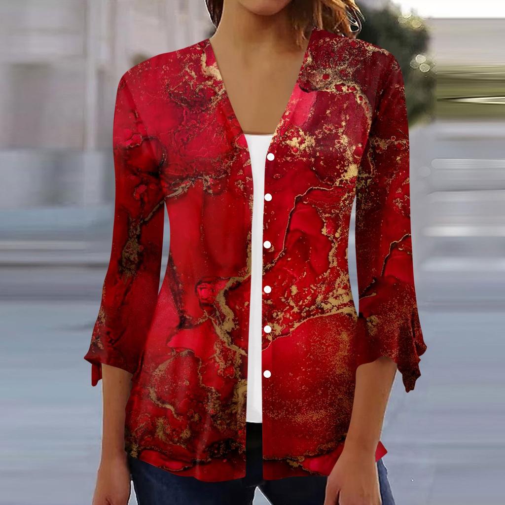 Women's Loose Casual Printed Three Quarter Sleeve Flared Sleeve Button Cardigan Jacket
