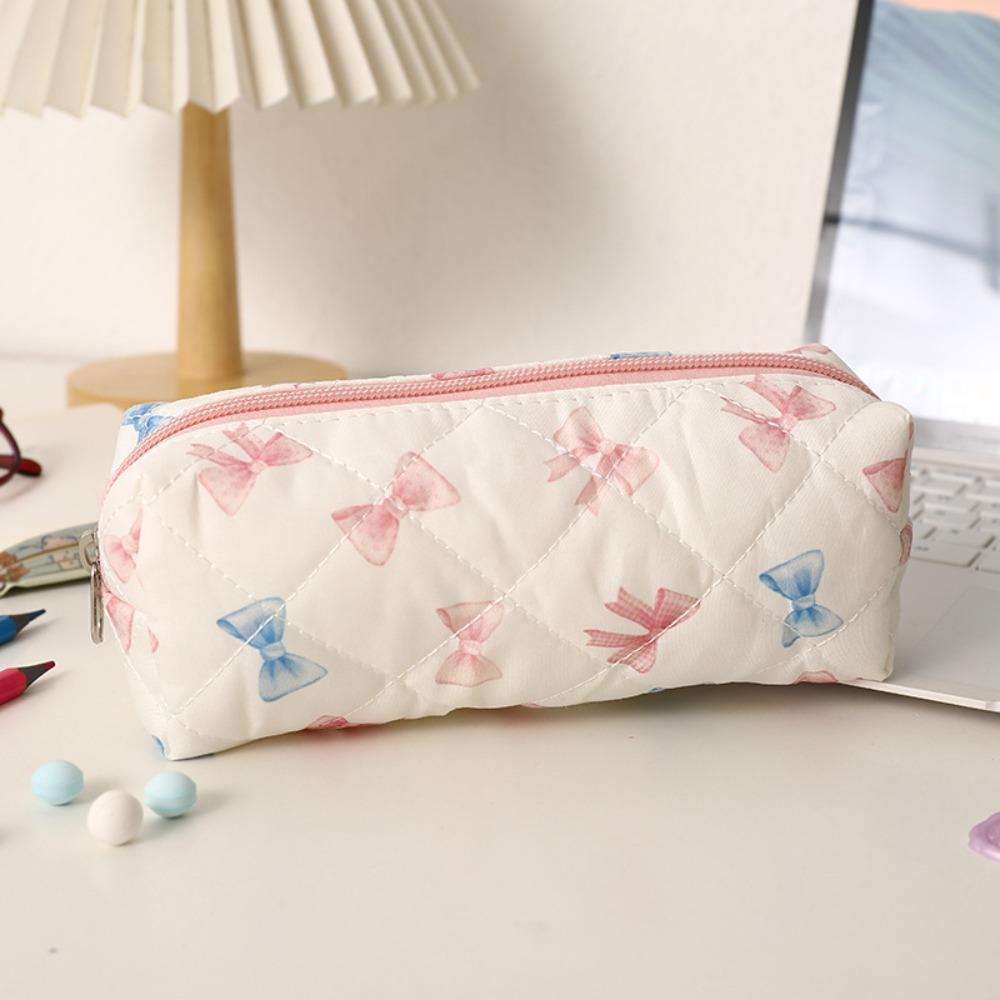 New Bowknot Floral Print Pen Bag Large Capacity Portable Storage Bag Multifunctional Stationery Bag School Office