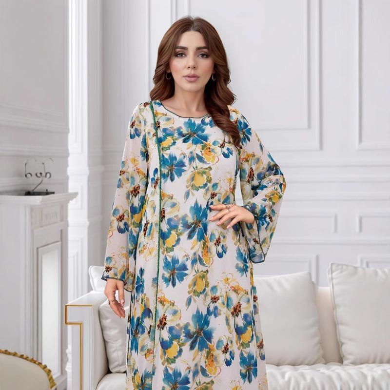 Large Size Women's Long Dress Fashion Beaded Chiffon Printing Loose Casual Flared Sleeve Dress