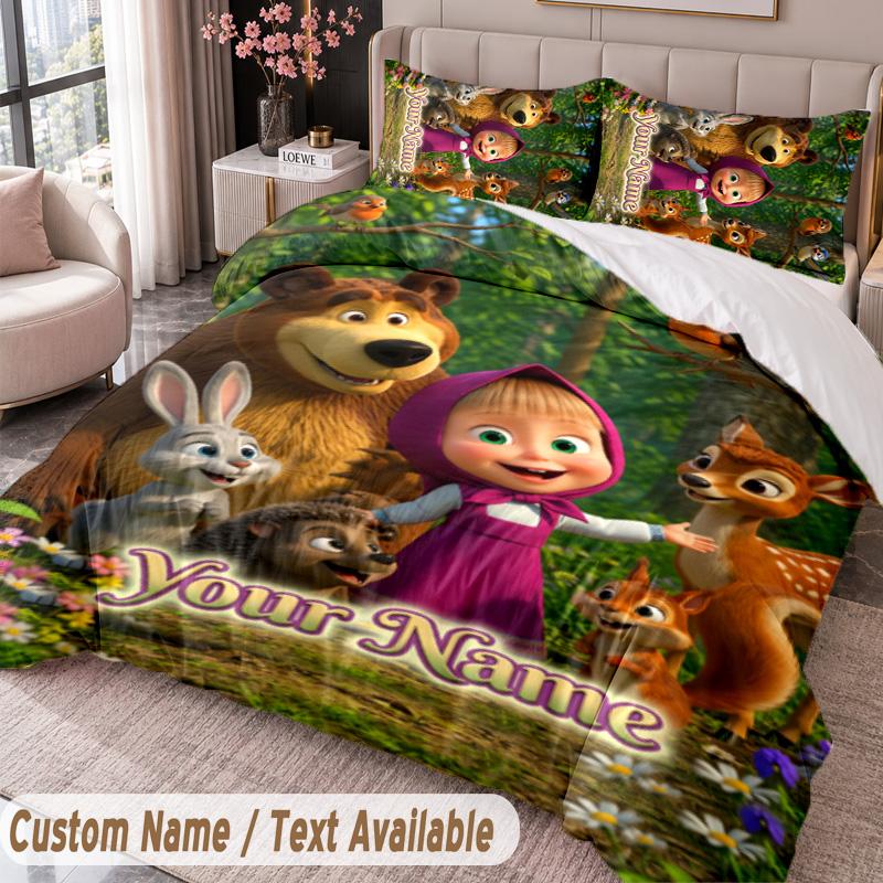 Custom Name Text 3Pcs Bedding Set Masha and the Bear Duvet Cover And Two Pillowcases