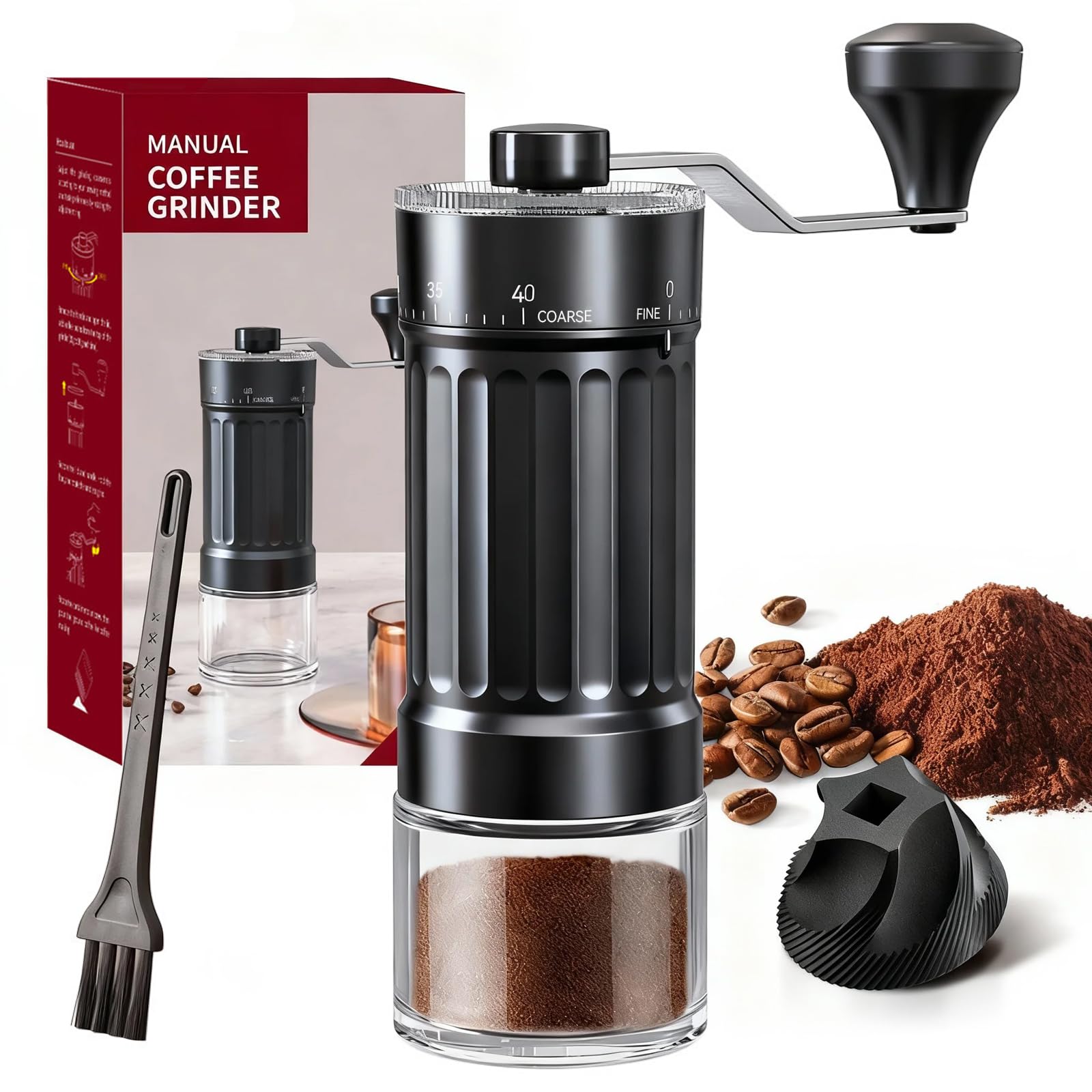 

Vixplorn Manual Coffee Grinder with Ceramic Grinding Core, 40 Adjustable Grinding Levels, 30g Capacity, Dual Coffee Grounds Tank, and Brush for Easy