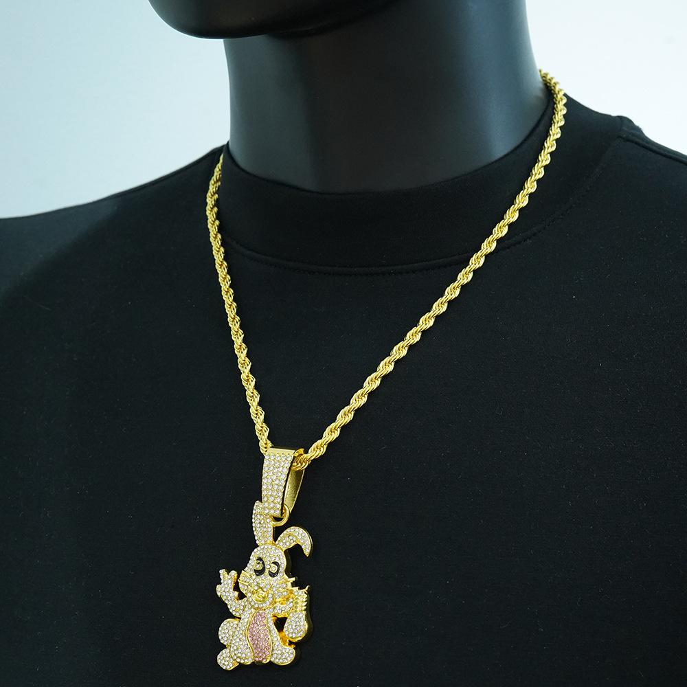 Hip-hop style personality diamond-encrusted dripping oil cartoon rabbit pendant Cuban chain necklace hipster wear fashion necklace accessories