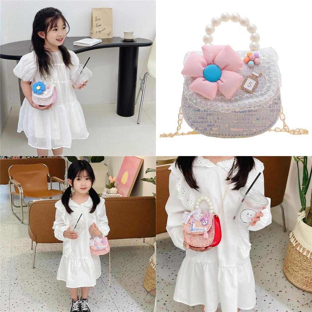 Cute Pu Leather Children's Handbag With Floral Sequins Princess Series Shoulder Bag For Toddlers