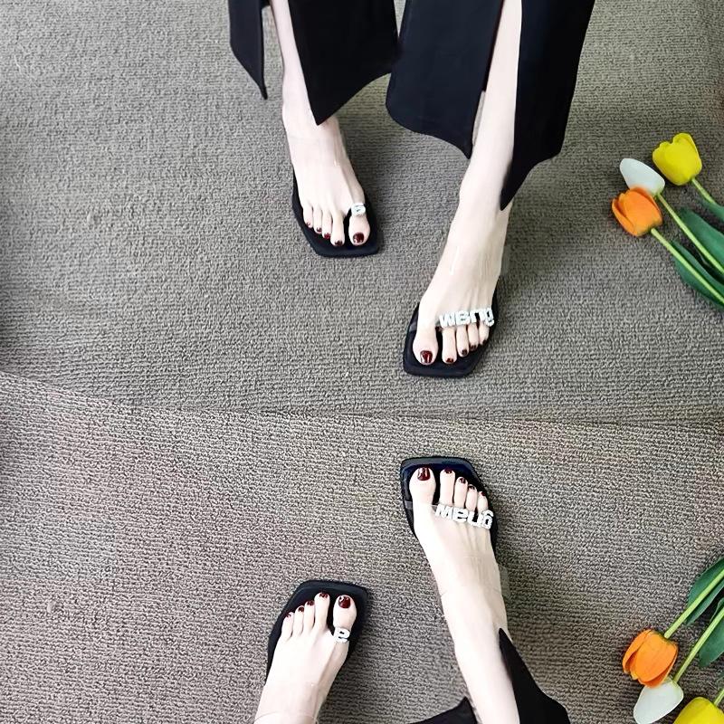Transparent Rhinestone Toe Sandals Women's Summer Square Head Sexy Temperament Late Evening Breeze Gentle Shoes Medium Heel High Heels Women's Stilett
