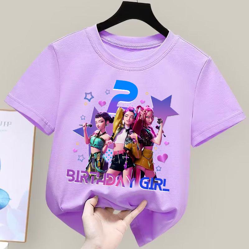 Kpop Demon Hunters Purple T-shirts Girls Cartoon Number Printed Short-sleeved Top Children Summer Sweet T-shirt Birthday Gift