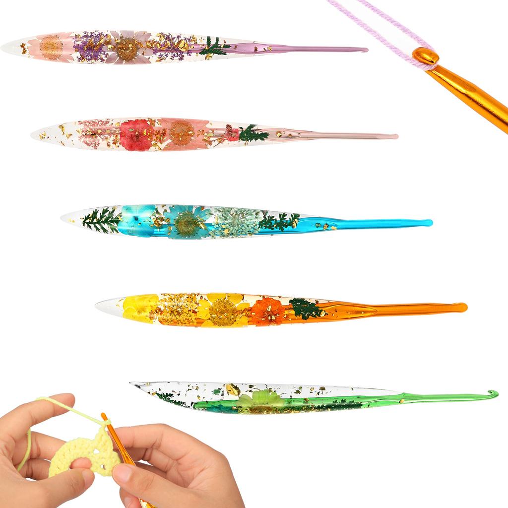 5Pcs Aluminium Crochet Hooks Ergonomic Crochet Needles with Flower Handle Knitting Hooks Set for Knitting Sweaters Scarves Socks