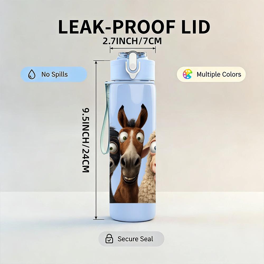 1PC Donkey Sheep Cartoon Duo 750ml Color Plastic Sports Water Bottle Leakproof Flip Straw Lid For Sports Office Home Use
