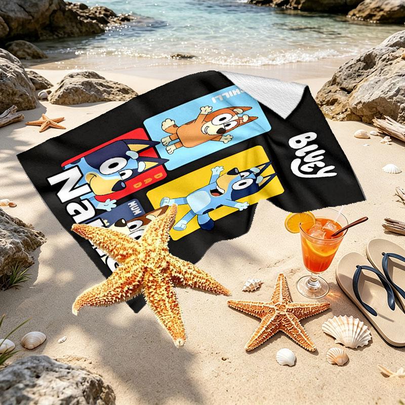 Custom Name Personalized Bluey Print Beach Towel, for Trip Camping Beach Party Home Decor, Birthday Gift for Family & Friends