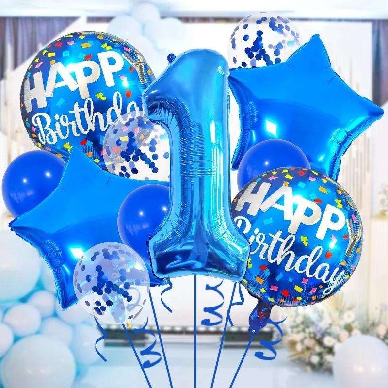 Boys Birthday Balloons Set 32inch Blue Number Stars Foil Ballon Boy Happy Prince Navy Ocean Birthday for Party Decoratio Balloon