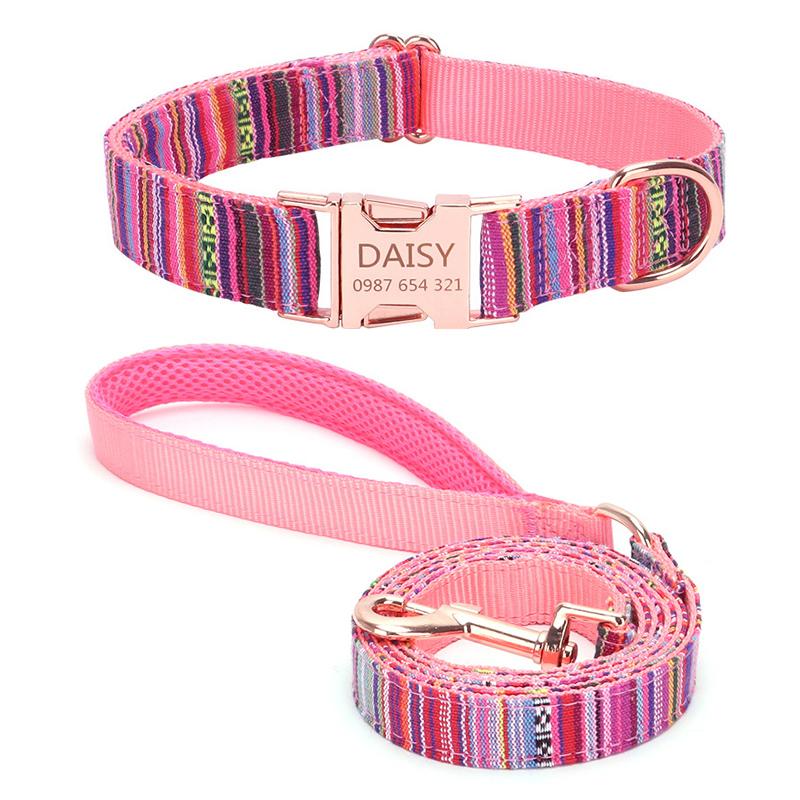 Bohemian gestreifter Hundehalsband, individuell graviert, mit Roségold-Schnalle, personalisiertes Nylonhalsband für kleine und große Hunde, tägliches Gassi gehen