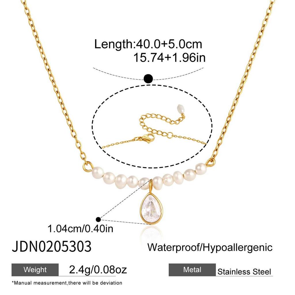18K Gold Stainless Steel Necklace with Zircon and Pearl Pendant for Women - Everyday Versatile Style