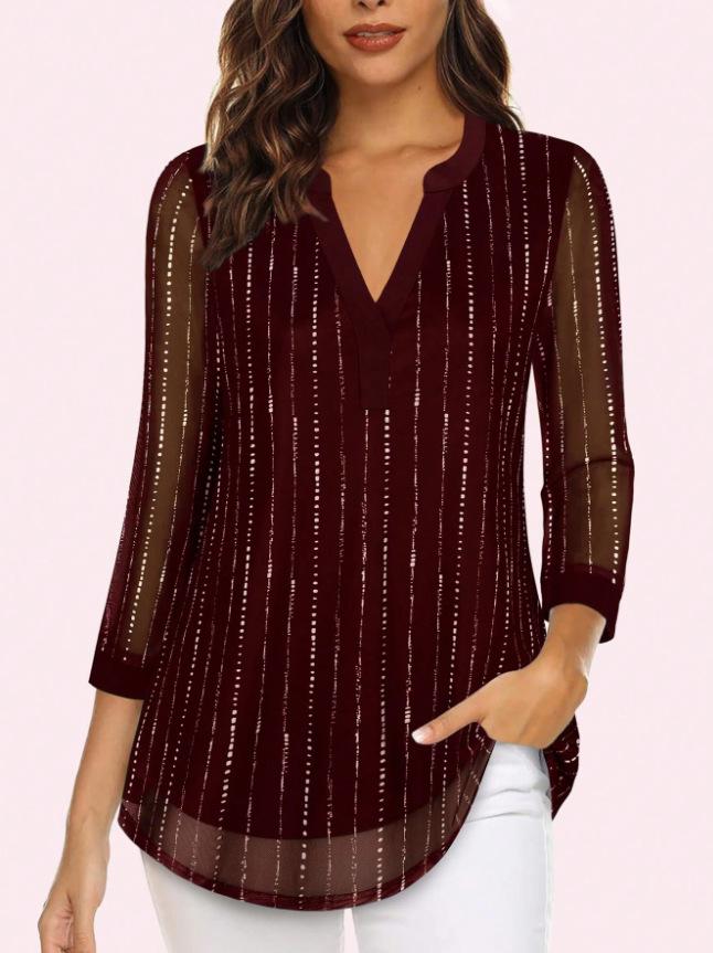 Women's European & American V-neck 3/4 Sleeve Printed Chiffon Loose Plus Size Top