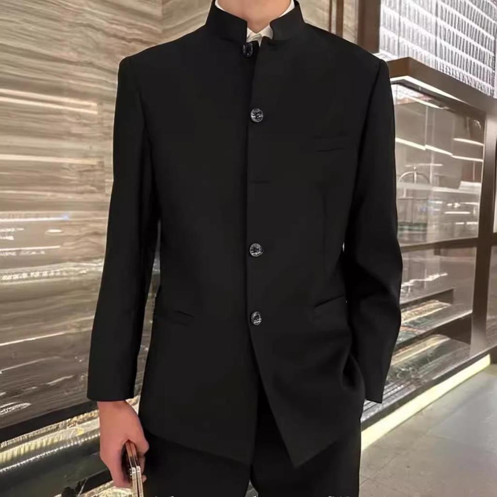 Men's Business Casual Stand Collar Solid Color Tang Suit Jacket