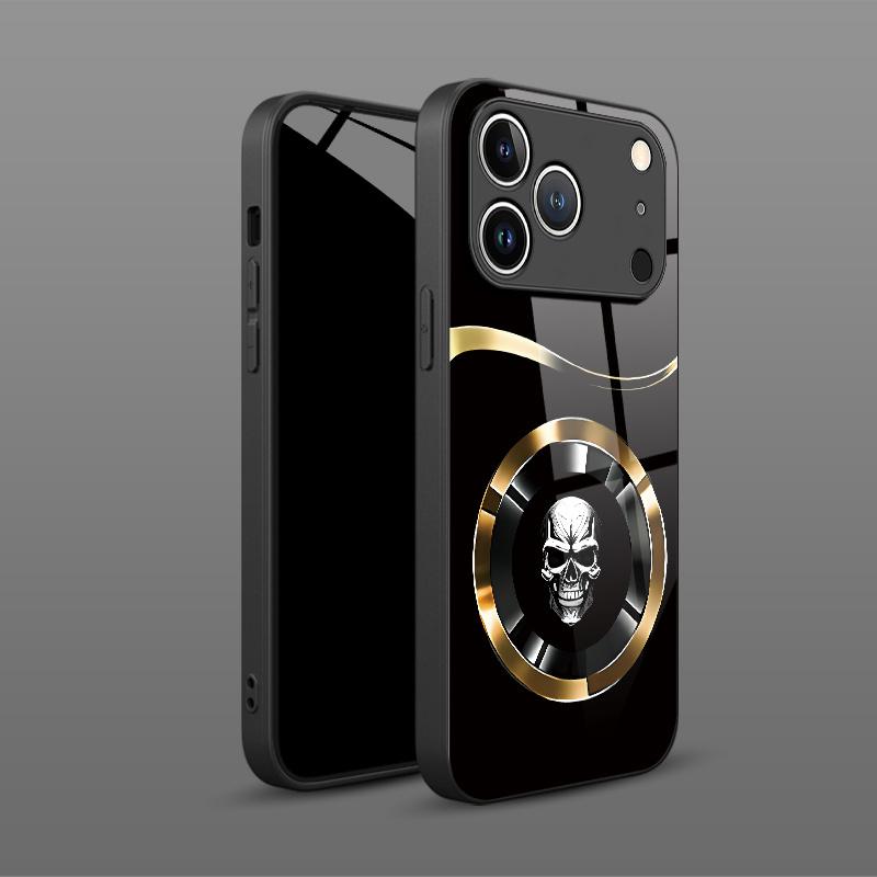 Metal Textured Skull Pattern Tempered Glass Phone Case Suitable for iPhone17 16 15 14 13 12 11Pro Max Plus Shockproof Back Cover