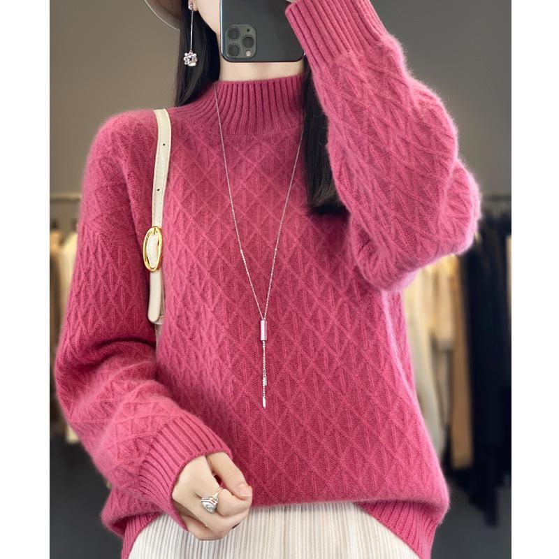 2023 Loose Fit High Neck Wool-Blend Sweater with Diamond Pattern for Autumn & Winter