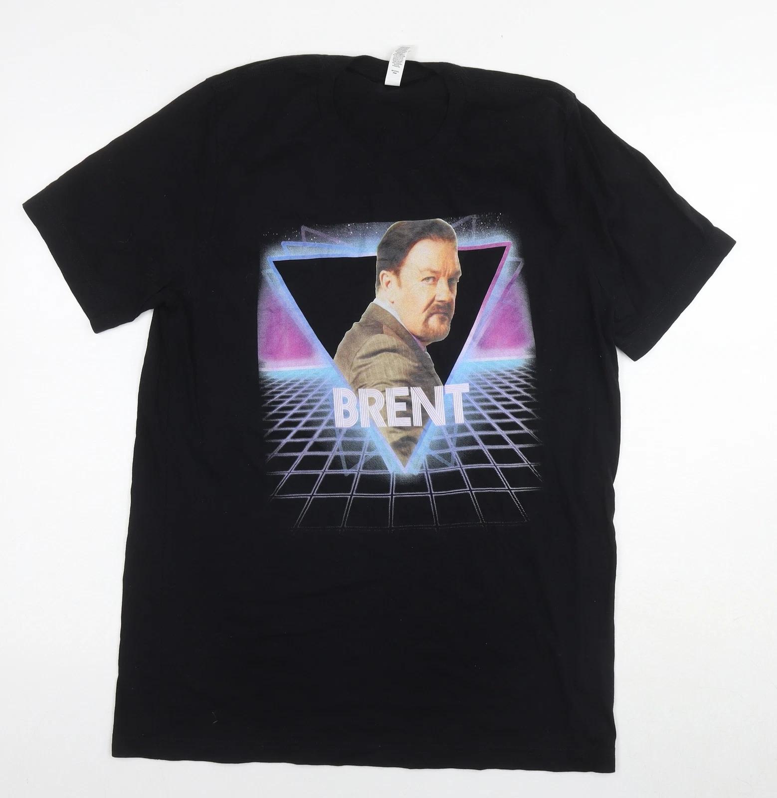 Brent Mens Black Cotton T-Shirt Size L Round Neck - Geometric Detail L