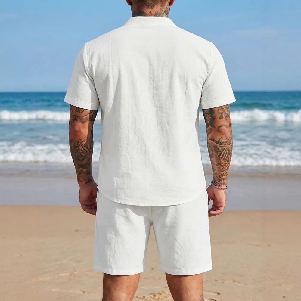 New Men’s Plain-coloured Vintage-style Casual Linen Short-sleeved Shirt and Shorts Set