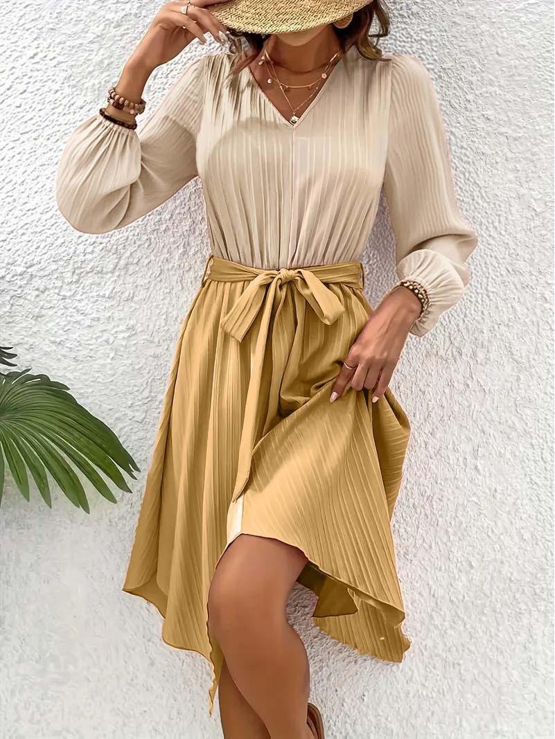 

Spring/Summer Color Block V-Neck Chiffon Midi Dress with Apricot and Yellow Patchwork, Slimming Tie-Waist, and Long Sleeves L жёлтый