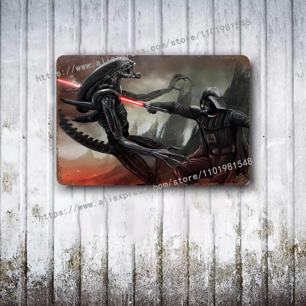 Aliens vs Predator Science Fiction Poster Vintage Plåtskylt Dekorativ Plakett för Pub Bar Mancave Klubb Väggdekoration