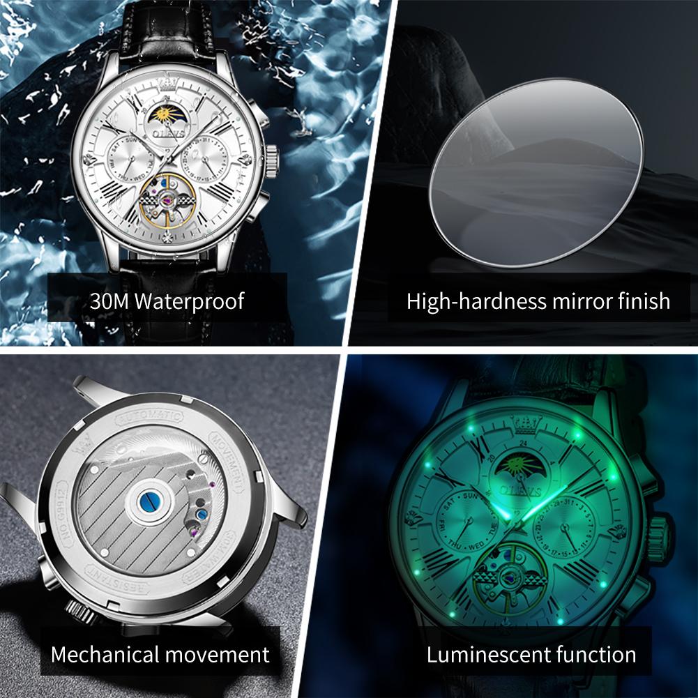 OLEVS Brand Watch Multi functional Men's Fully Automatic Mechanical Watch Waterproof Leather Strap 9912