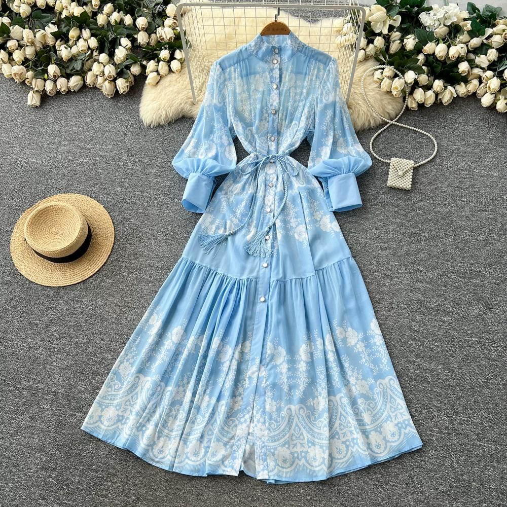 French Vintage Summer Autumn Stand Collar Long Lantern Sleeve Print Long Maxi Dress for Women