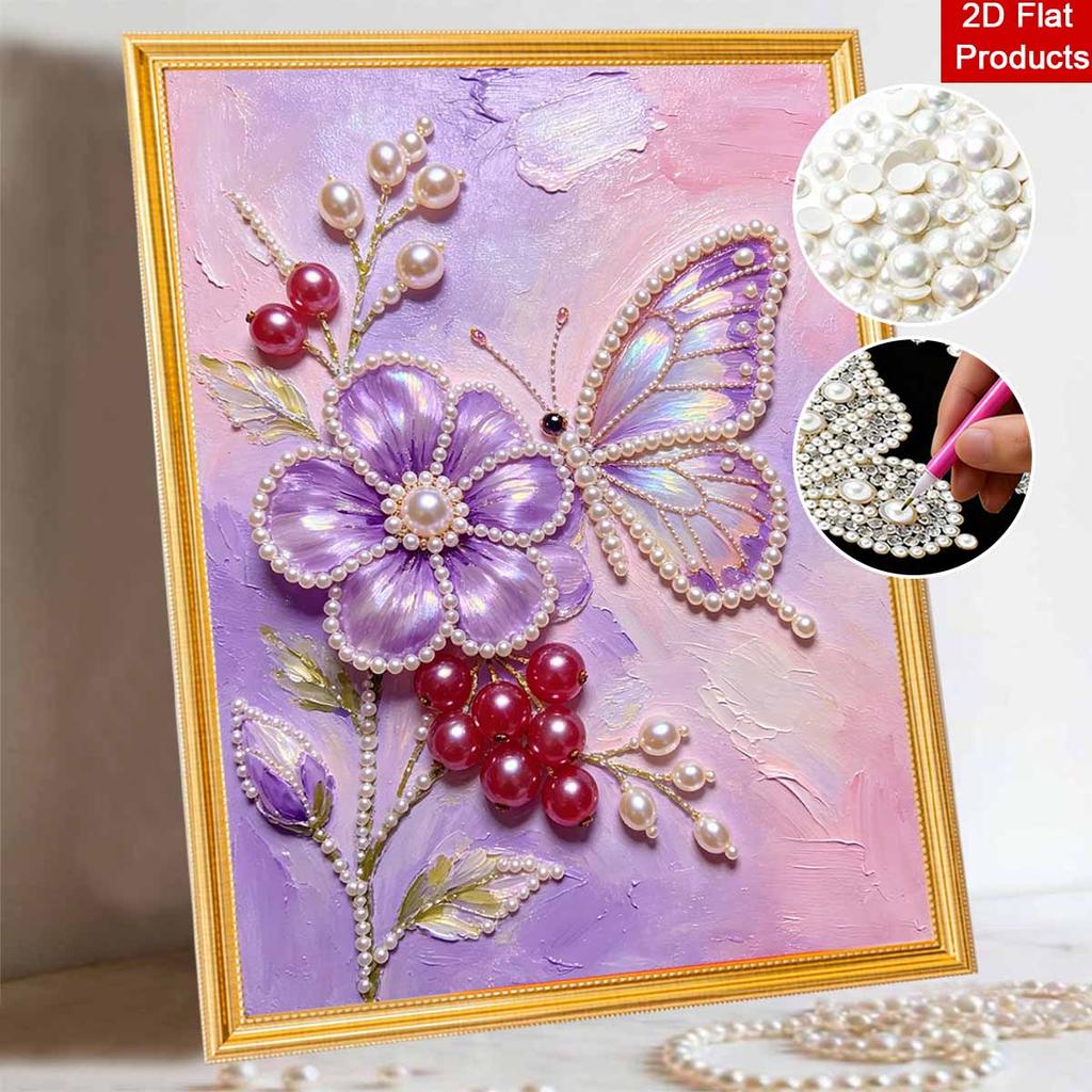 Frameless Pearl Painting Kit Butterfly Flower Pattern DIY 3D Bead Art Canvas Relaxing Handmade Craft for Adults Home Decor