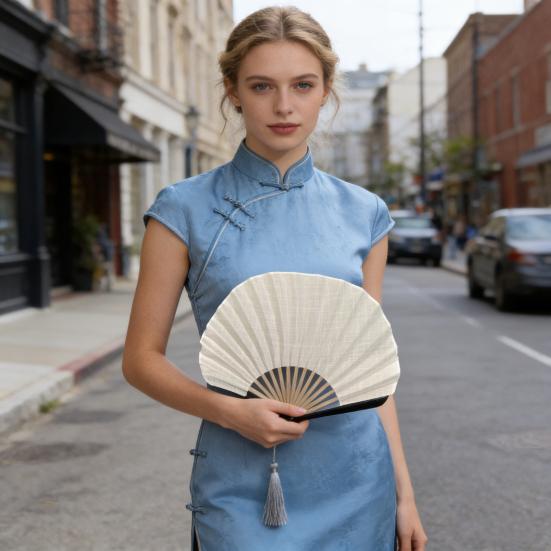 Vintage Baumwoll-Faltfächer Muschelform Bambusrippen Handfächer Tragbarer Sommer-Stofffächer Dekoration Partyzubehör