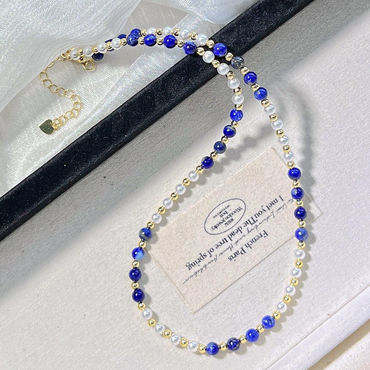 Natural Lapis Lazuli Artificial Crystal Pearl Design Sense Necklace Collarbone Chain Sweater Chain