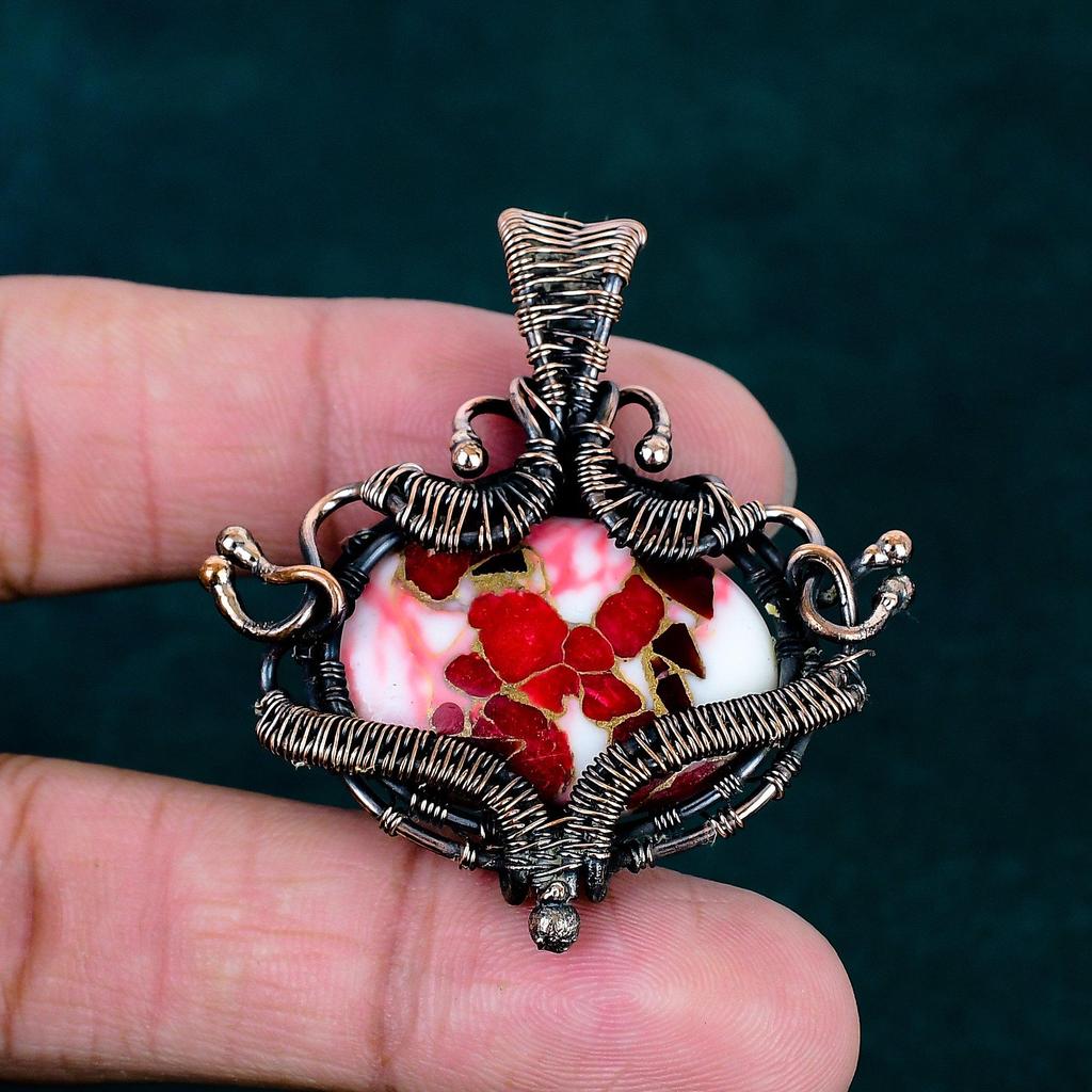 Kingman Red Mohave Copper Turquoise Pendant, Handmade Wire Wrapped Gemstone Jewelry