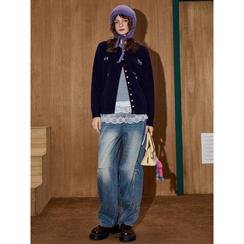 Coolhut2025 Autumn and Winter New Versatile Round Neck Cartoon Letter Embroidered Knitwear Women's Sweater Navy Blue