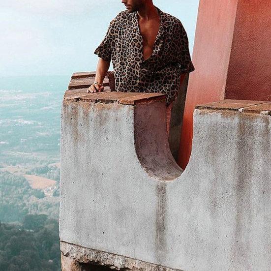 Men Summer Lapel Short Sleeve Shirt Top Leopard Print Single-Breasted Thin Hawaiian Beach Casual Shirt Streetwear