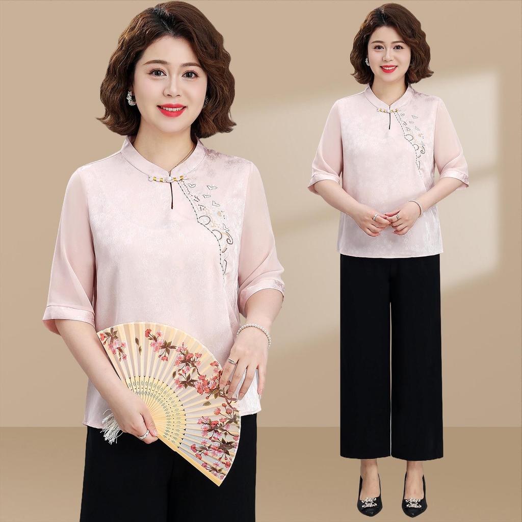 Spring & Summer Chinese Style Embroidered Chiffon Blouse for 50-Year-Old Women with Seven-Point Sleeves