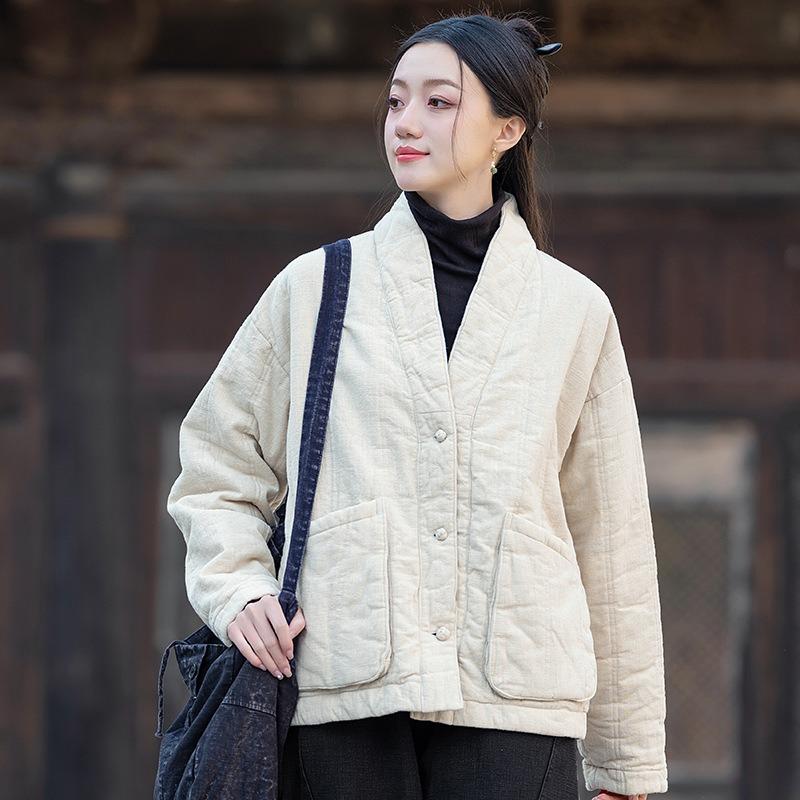 25 Winter Women's Clothing New Ramie Quilted Vertical Grid Shawl Collar Disc Buckle Cotton-padded Warm Cotton-padded Jacket Short Cotton-padded Jacket