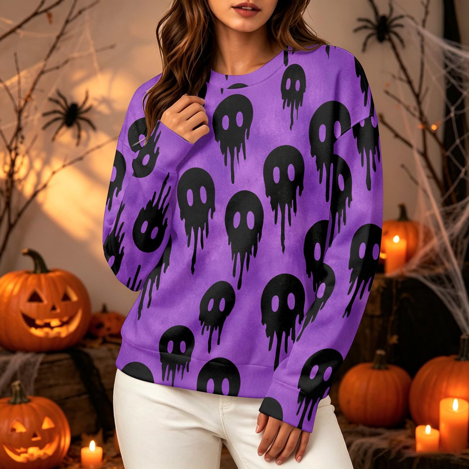 Women s Casual Long Sleeve Halloween Print Round Neck Sweatshirt Top XXXL