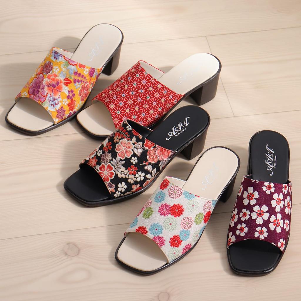Plus Feminine 3708 Slide Japanese Style Made in Floral and Japanese Square Medium San-A Women's Sandals, Sandals, 5.5cm Heel, Japan, Pattern,