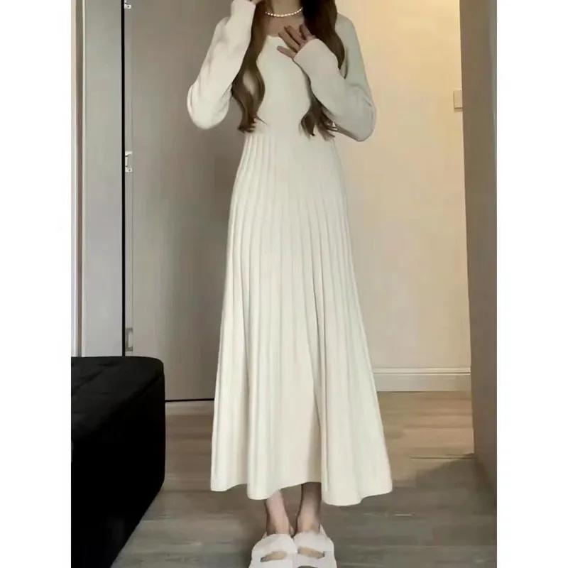 Apricot Long Sleeve Over-the-Knee Simple Thick Autumn Dress