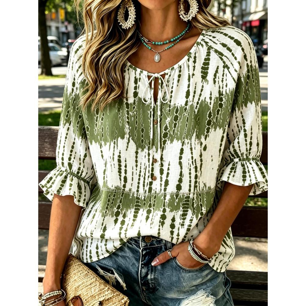 Women s Boho Olive Tie Dye Top V Neck Drawstring Ruffle 3/4 Sleeve Cotton Linen Loose Casual Summer Vacation Blouse S