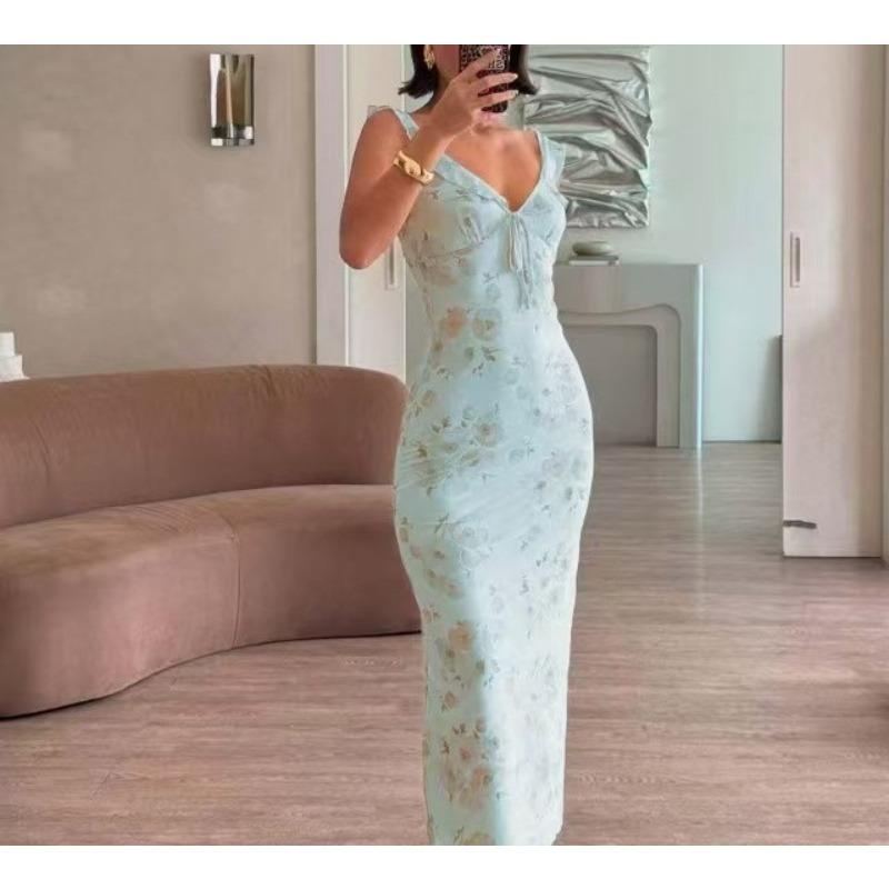Summer Flower Printed Women's Sexy Low Cut Dress Sleeveless Backless Slim Sling Dresses Beach Vacation Lady Vestidos