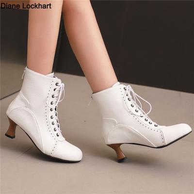 Nuevos Zapatos de Tacón Alto para Mujer con Cordones Botas Steampunk Extrañas Botines Victorianos para Mujer Botines Cortos de Punta Fina con Suela Gruesa