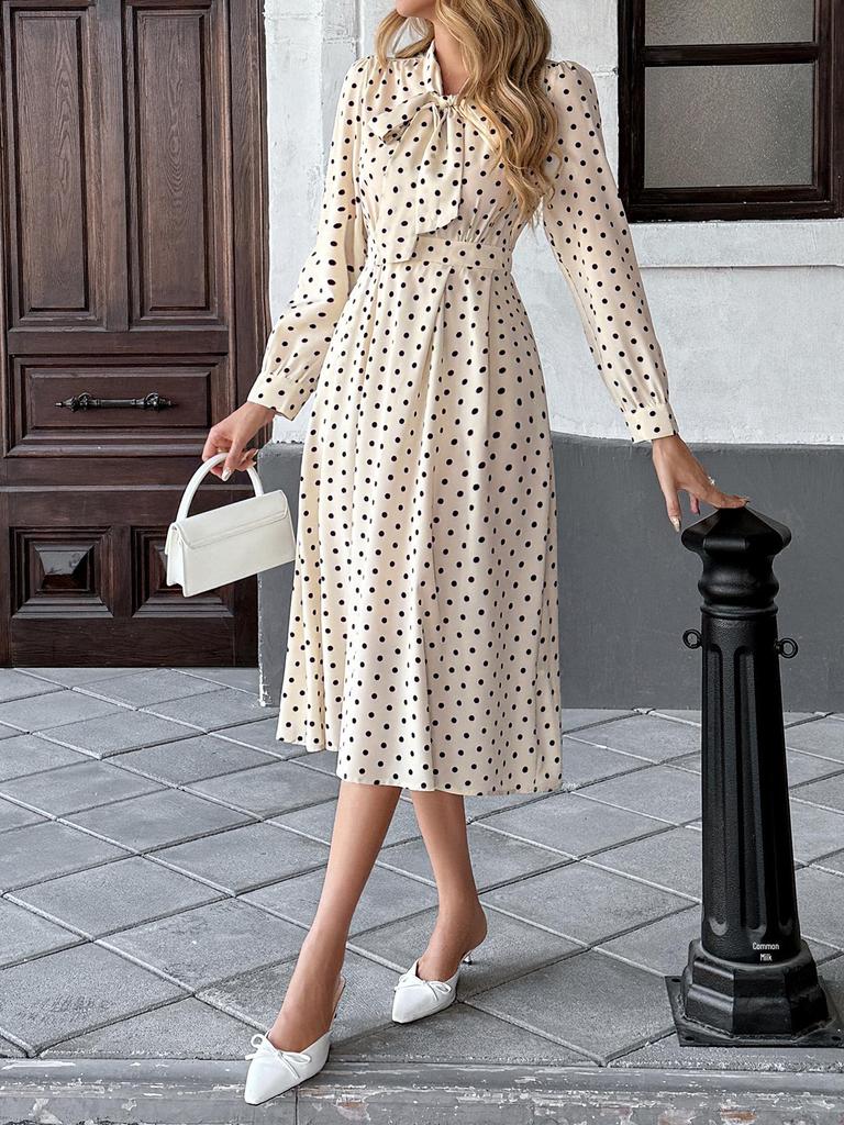 Herbst 2025 Retro Polka-Dot Midi-Kleid mit Schleifenkragen und langen Ärmeln