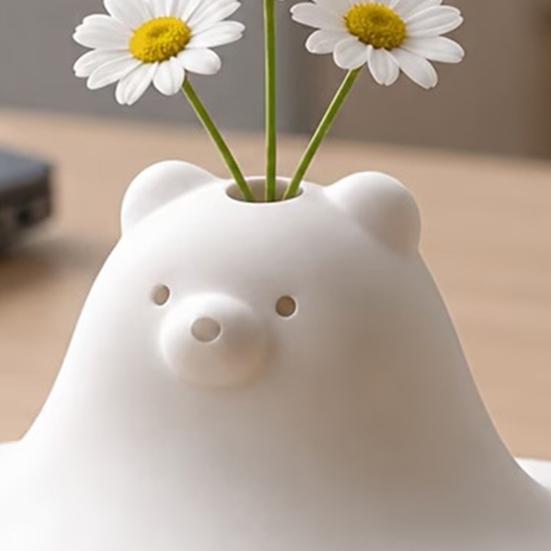 Modern White Vase 3D Printed Cute Polar Bear Figurine, Adorable Desk Small Flower for Table Ornament Living Room Bedroom, Mini Arrangement Home