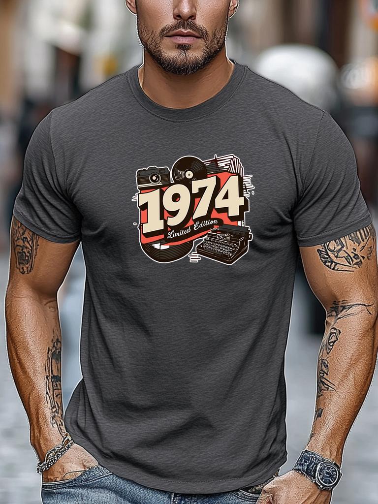 Mens Retro TShirt 1974 Limited Edition Vintage Print Short Sleeve Round Neck Breathable Nostalgic Daily Wear TShirt